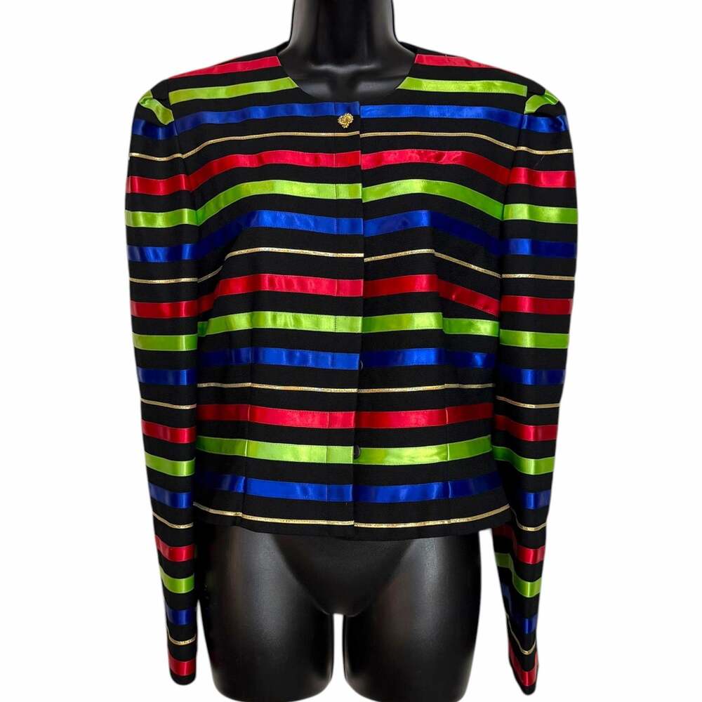 Vtg 80s 90s Jacqueline Ferrar Ribbon Stripe Blazer Crop Party Holiday Jacket 10